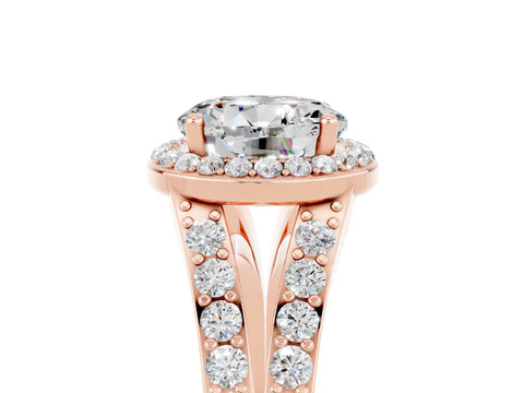 Rose gold Round Cut Moissanite Split Shank Halo Ring with Four-Prong Setting_17