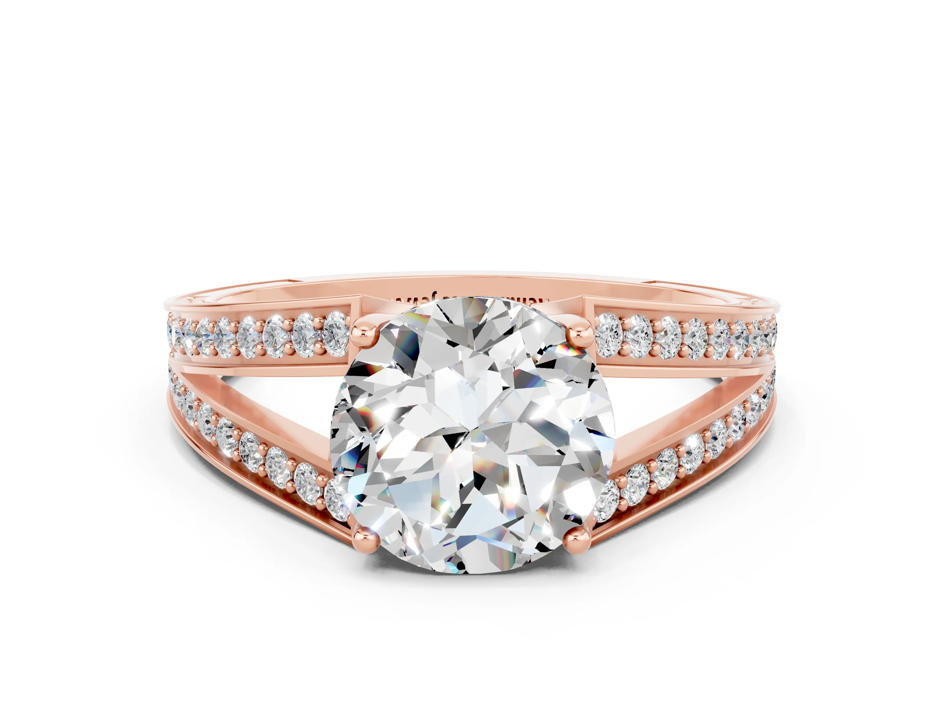 Rose gold Round Cut Moissanite Split Shank Ring with Pavé Band and Four-Prong Setting