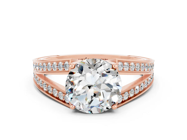 Rose gold Round Cut Moissanite Split Shank Ring with Pavé Band and Four-Prong Setting