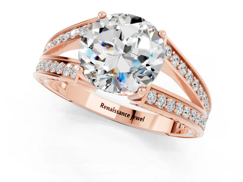 Rose gold Round Cut Moissanite Split Shank Ring with Pavé Band and Four-Prong Setting_1
