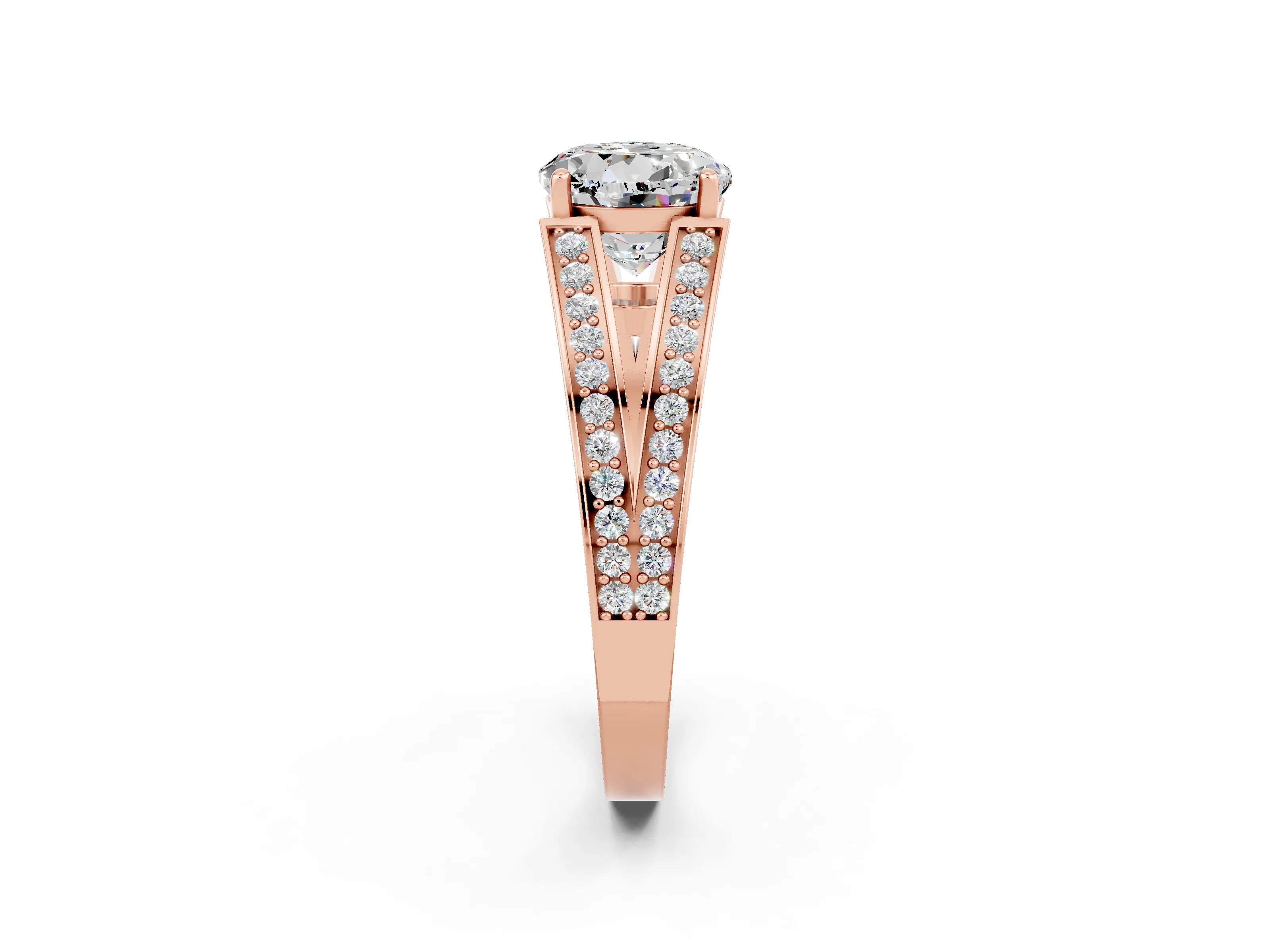 Rose gold Round Cut Moissanite Split Shank Ring with Pavé Band and Four-Prong Setting_2