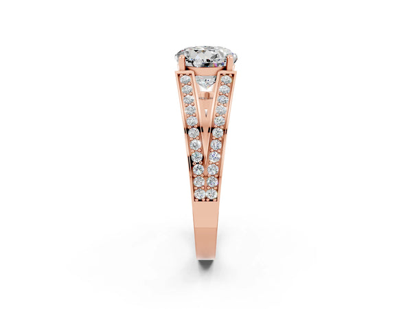 Rose gold Round Cut Moissanite Split Shank Ring with Pavé Band and Four-Prong Setting