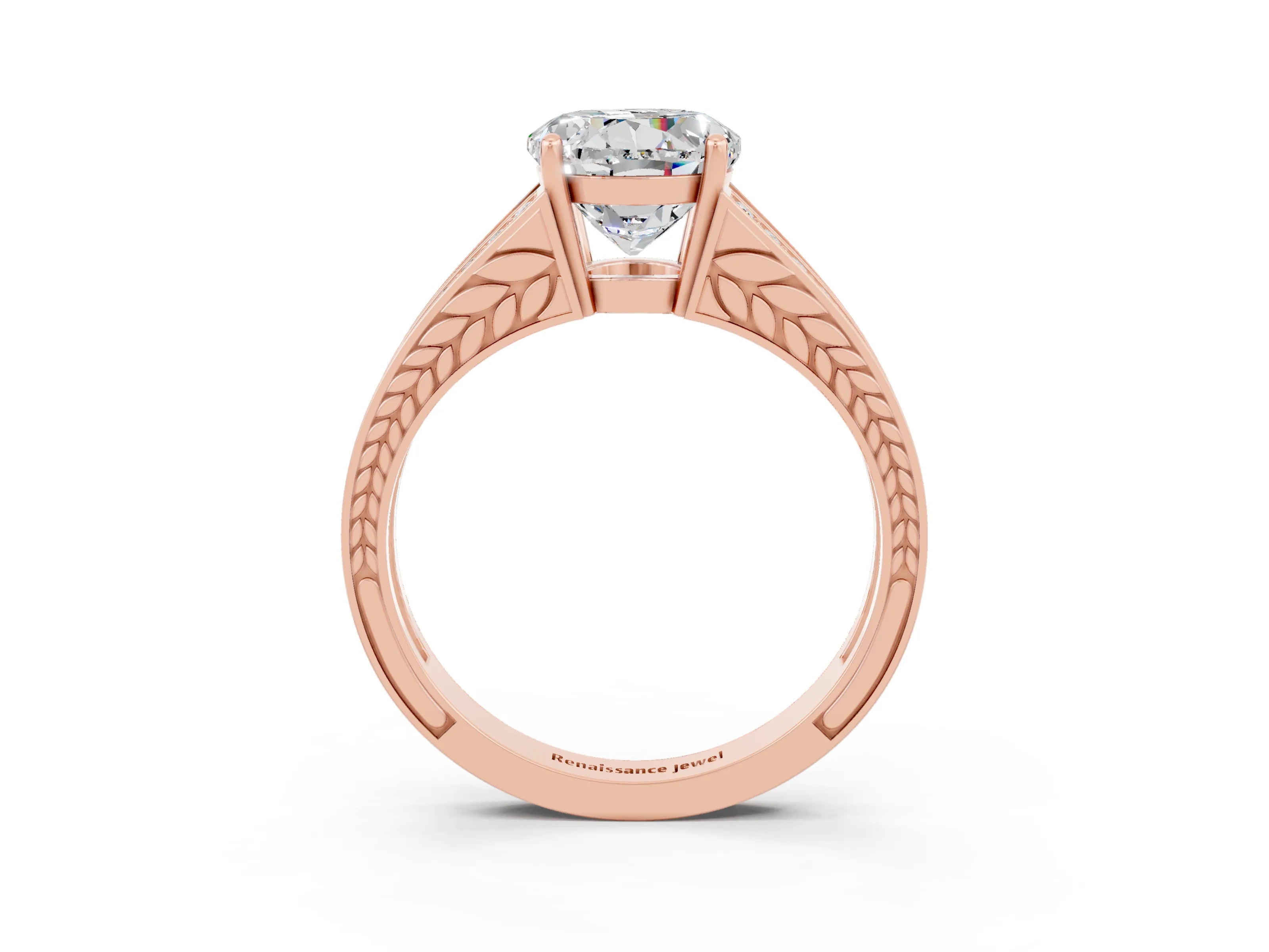 Rose gold Round Cut Moissanite Split Shank Ring with Pavé Band and Four-Prong Setting_3