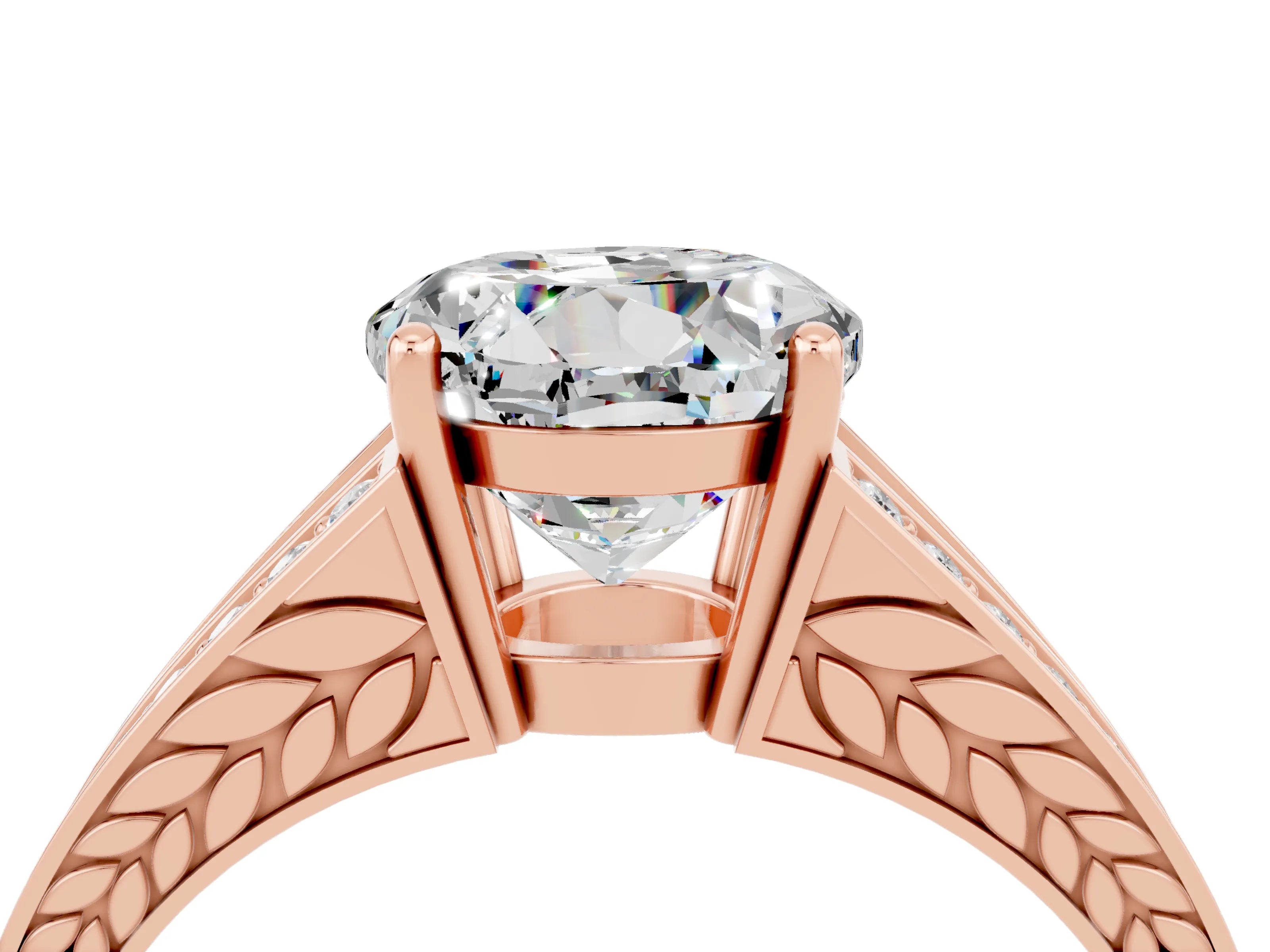 Rose gold Round Cut Moissanite Split Shank Ring with Pavé Band and Four-Prong Setting_4