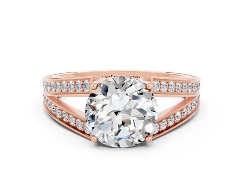 Rose gold Round Cut Moissanite Split Shank Ring with Pavé Band and Four-Prong Setting