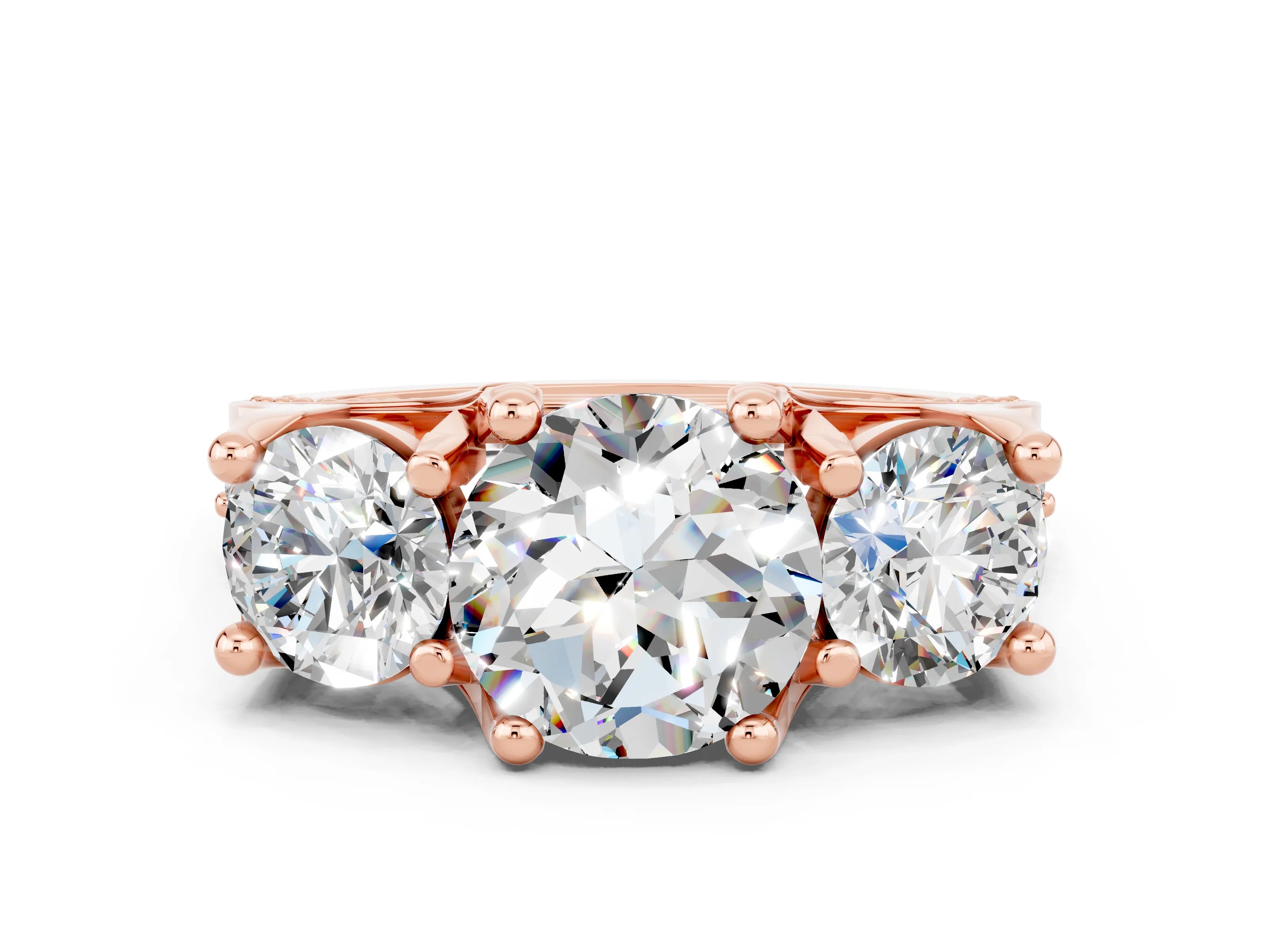 Rose gold Round Cut Moissanite Three-Stone Ring with Channel Set Band and Four-Prong Setting