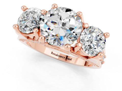 Rose gold Round Cut Moissanite Three-Stone Ring with Channel Set Band and Four-Prong Setting_1