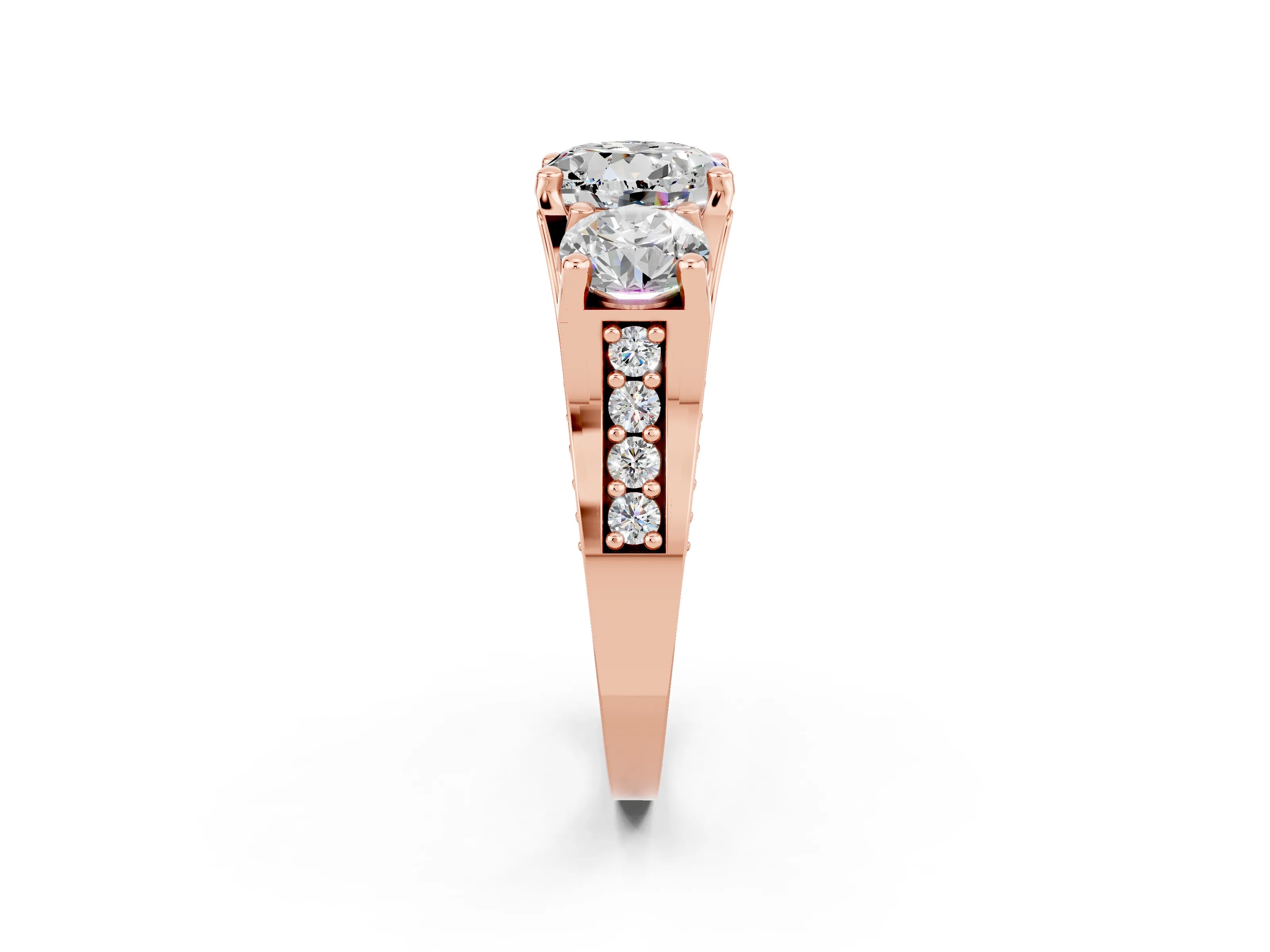 Rose gold Round Cut Moissanite Three-Stone Ring with Channel Set Band and Four-Prong Setting_2