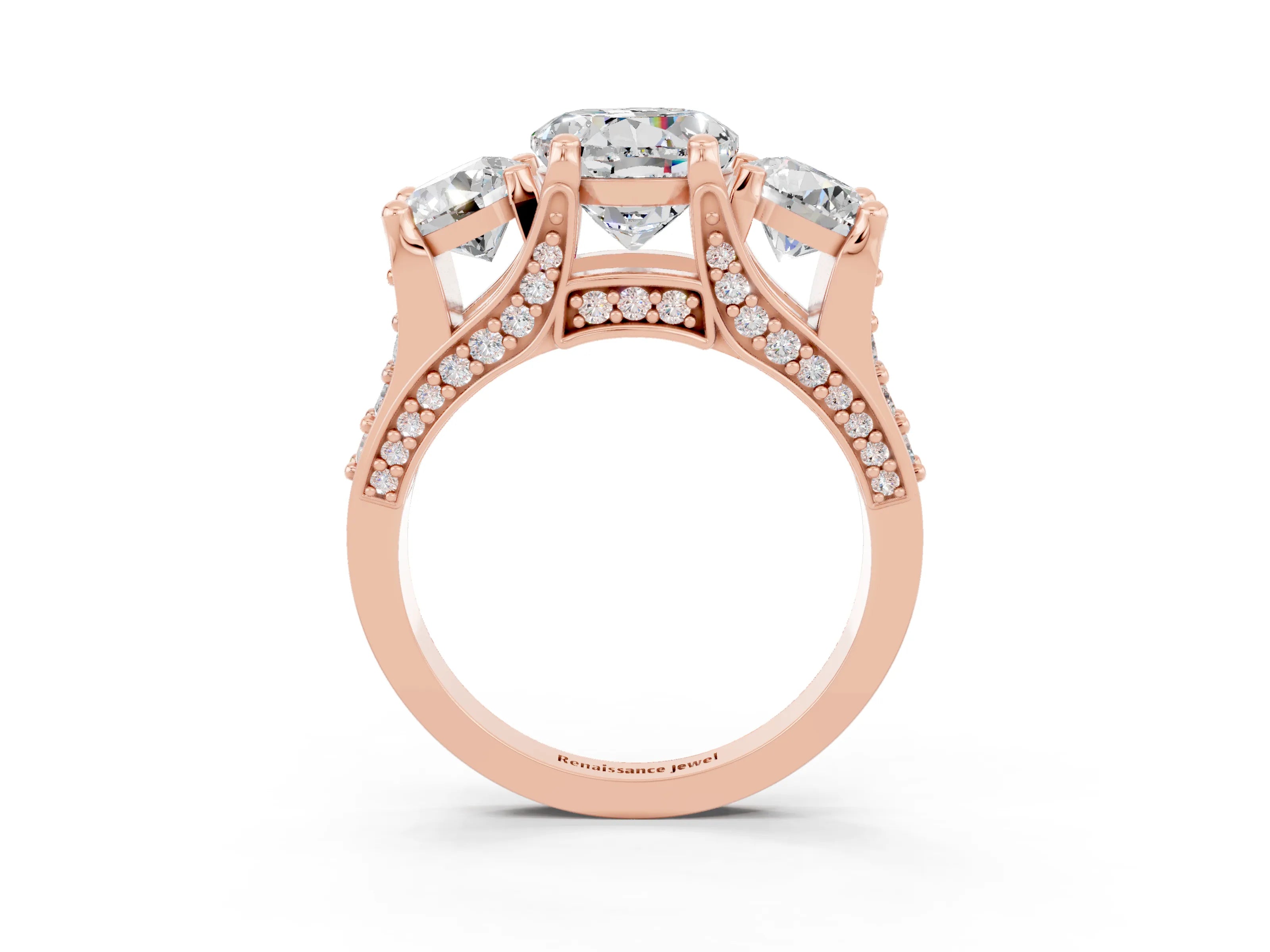 Rose gold Round Cut Moissanite Three-Stone Ring with Channel Set Band and Four-Prong Setting_3