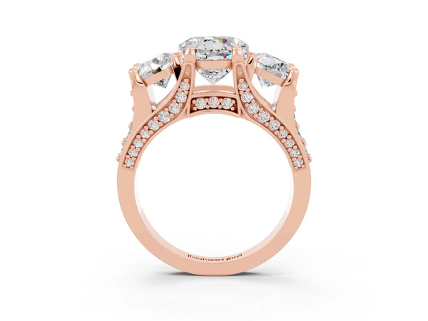 Rose gold Round Cut Moissanite Three-Stone Ring with Channel Set Band and Four-Prong Setting