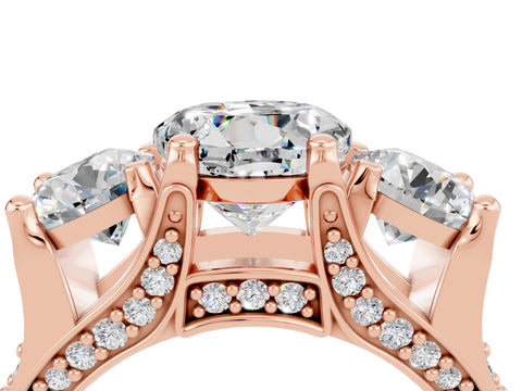Rose gold Round Cut Moissanite Three-Stone Ring with Channel Set Band and Four-Prong Setting_4