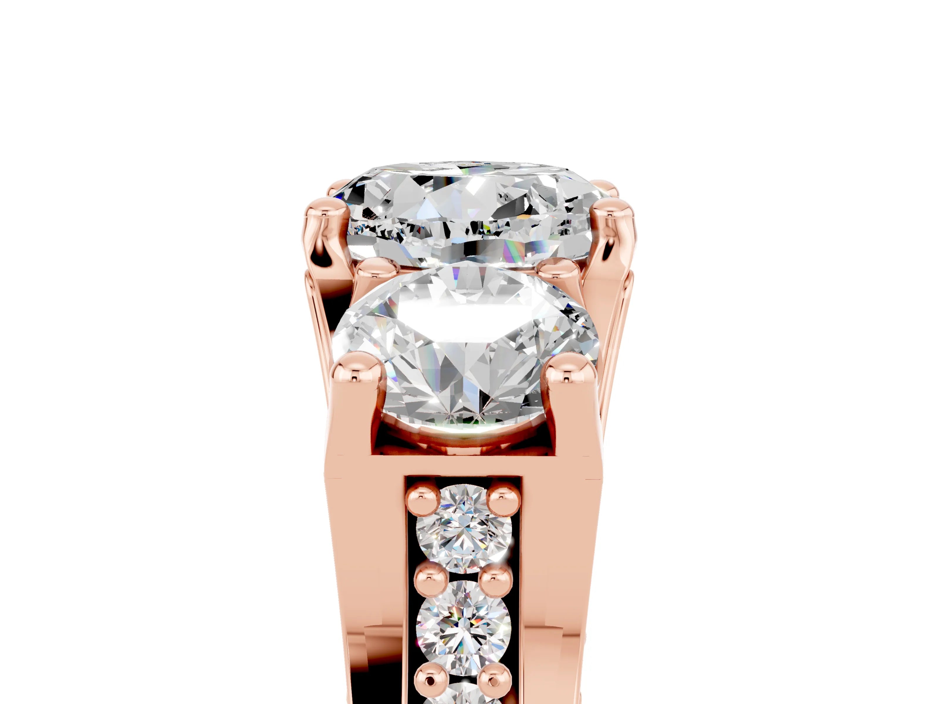 Rose gold Round Cut Moissanite Three-Stone Ring with Channel Set Band and Four-Prong Setting_5