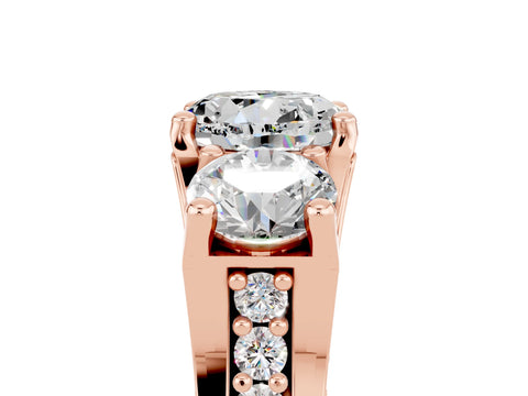 Rose gold Round Cut Moissanite Three-Stone Ring with Channel Set Band and Four-Prong Setting_5