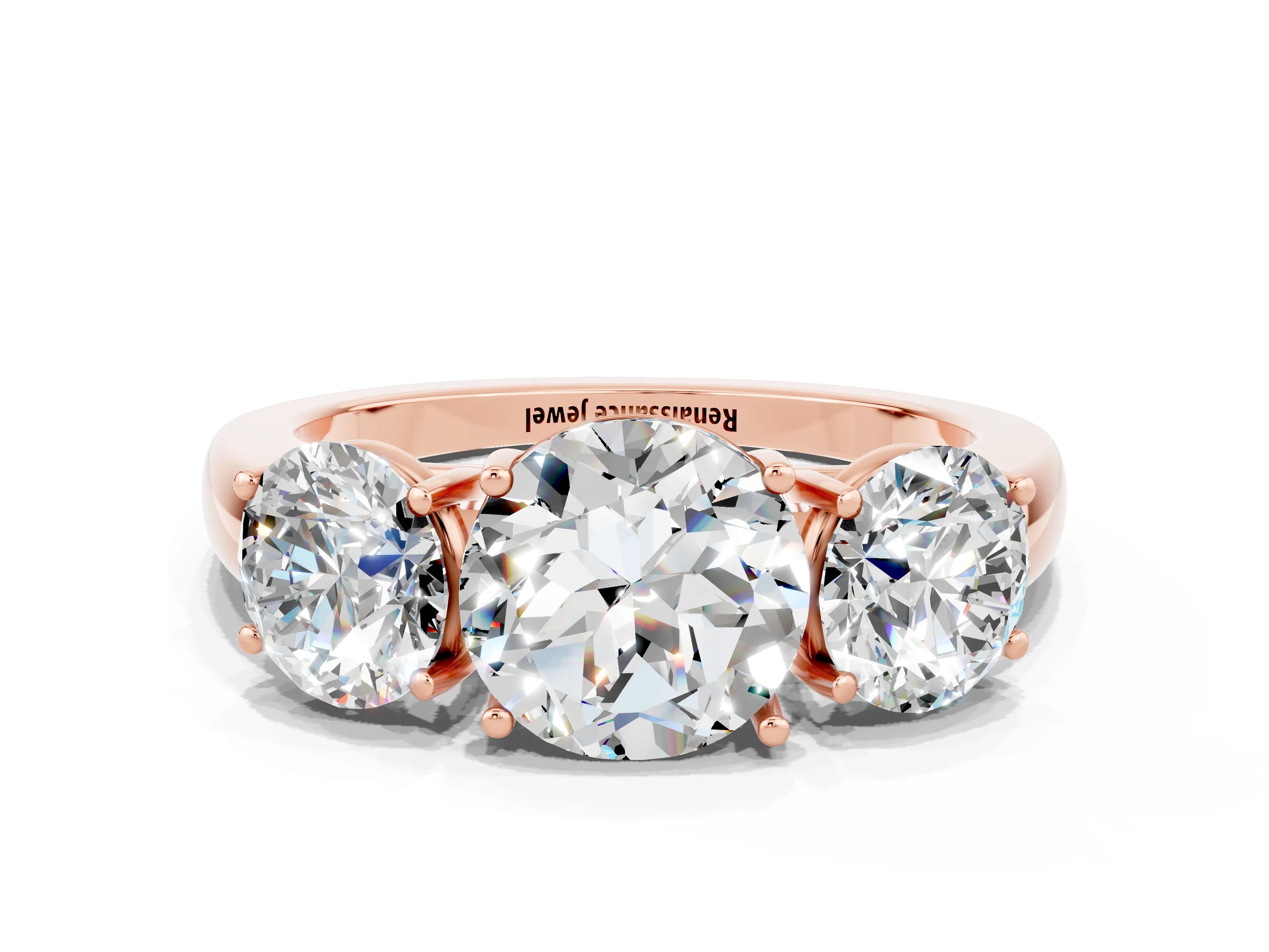 Rose gold Round Cut Moissanite Three-Stone Ring with Four-Prong Setting and Classic Band