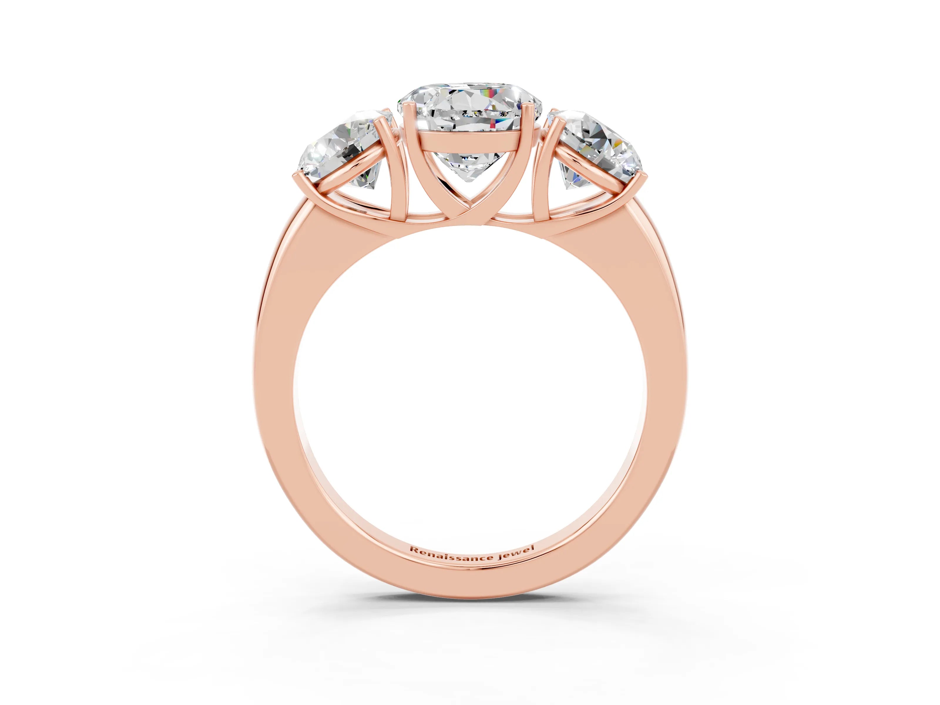 Rose gold Round Cut Moissanite Three-Stone Ring with Four-Prong Setting and Classic Band_3