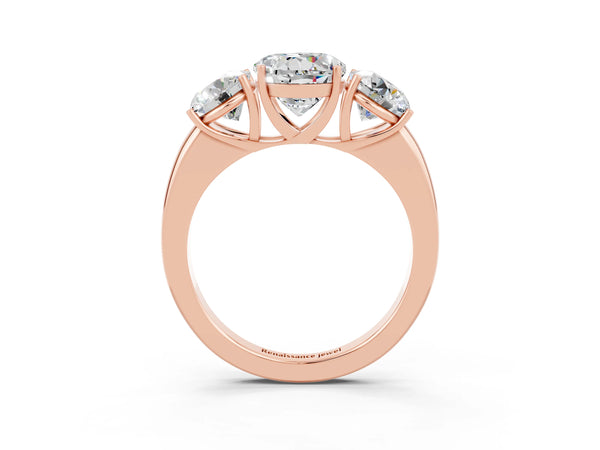 Rose gold Round Cut Moissanite Three-Stone Ring with Four-Prong Setting and Classic Band