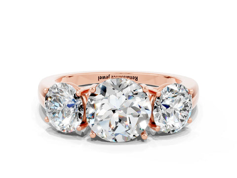 Rose gold Round Cut Moissanite Three-Stone Ring with Four-Prong Setting and Classic Band