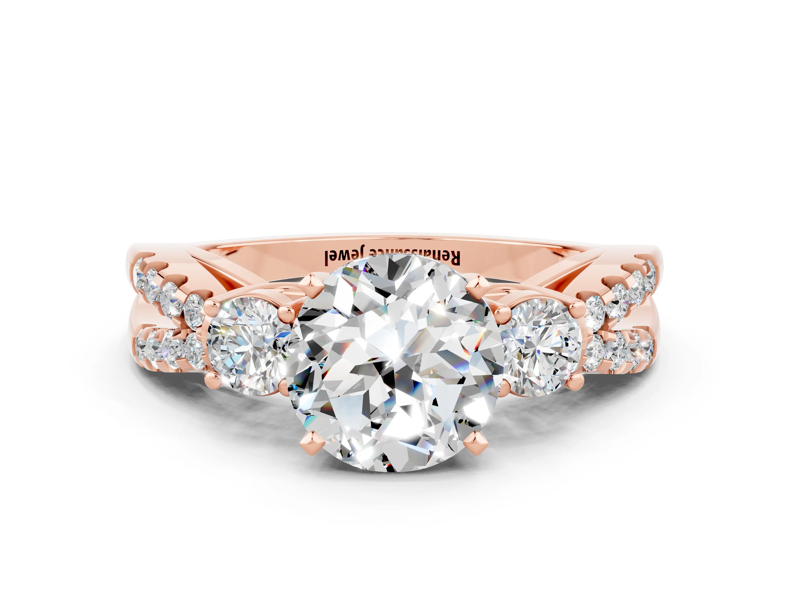 Rose gold Round Cut Moissanite Three-Stone Ring with Pavé Split Shank and Four-Prong Setting