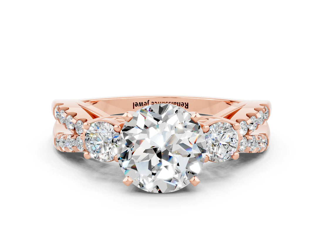 Rose gold Round Cut Moissanite Three-Stone Ring with Pavé Split Shank and Four-Prong Setting