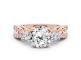 Rose gold Round Cut Moissanite Three-Stone Ring with Pavé Split Shank and Four-Prong Setting