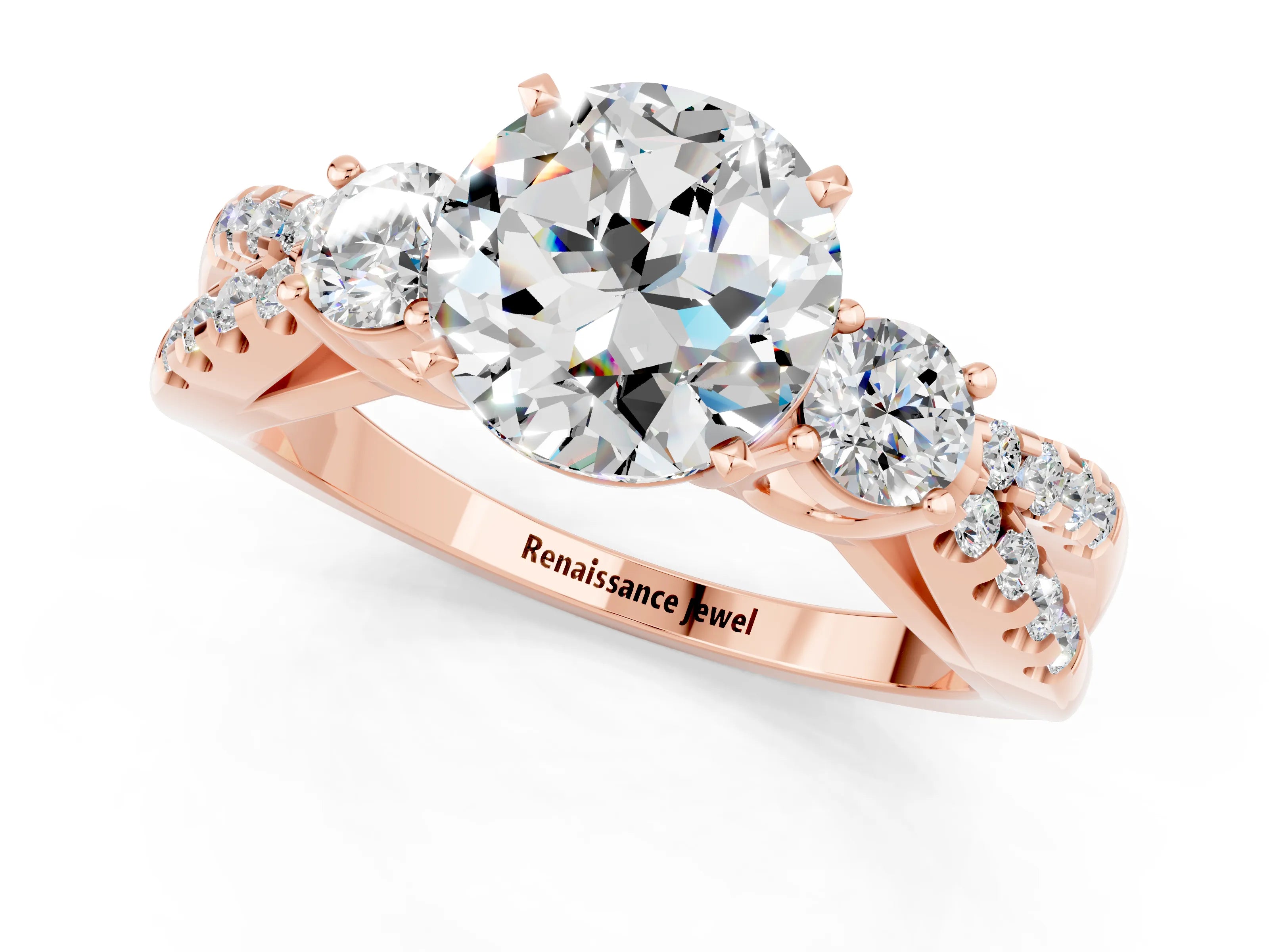 Rose gold Round Cut Moissanite Three-Stone Ring with Pavé Split Shank and Four-Prong Setting_1