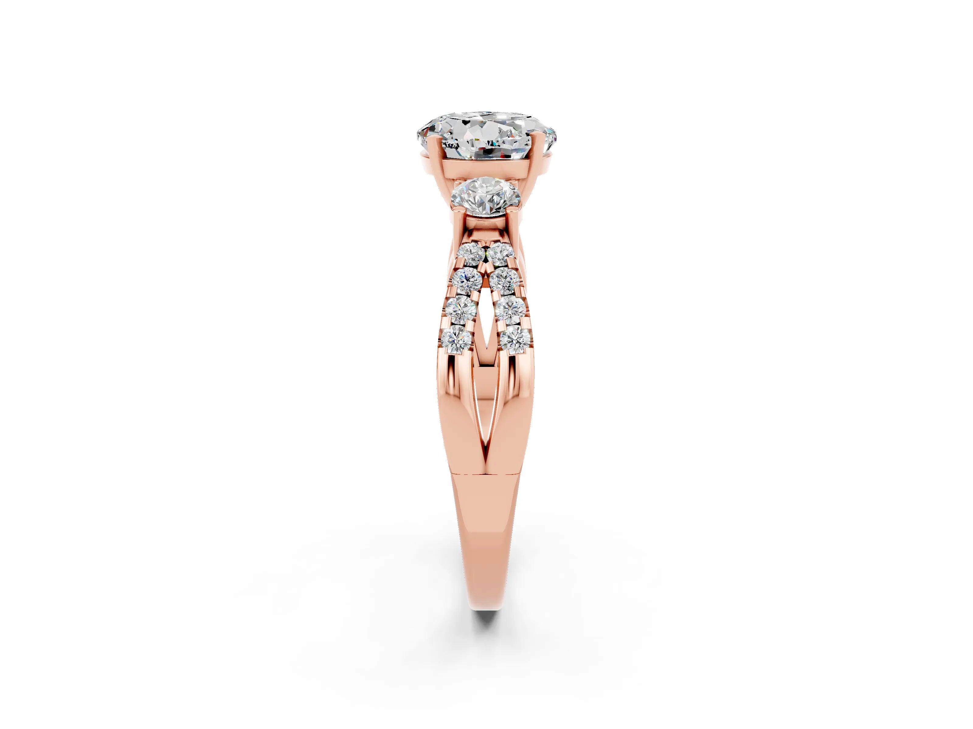 Rose gold Round Cut Moissanite Three-Stone Ring with Pavé Split Shank and Four-Prong Setting_2