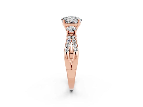 Rose gold Round Cut Moissanite Three-Stone Ring with Pavé Split Shank and Four-Prong Setting