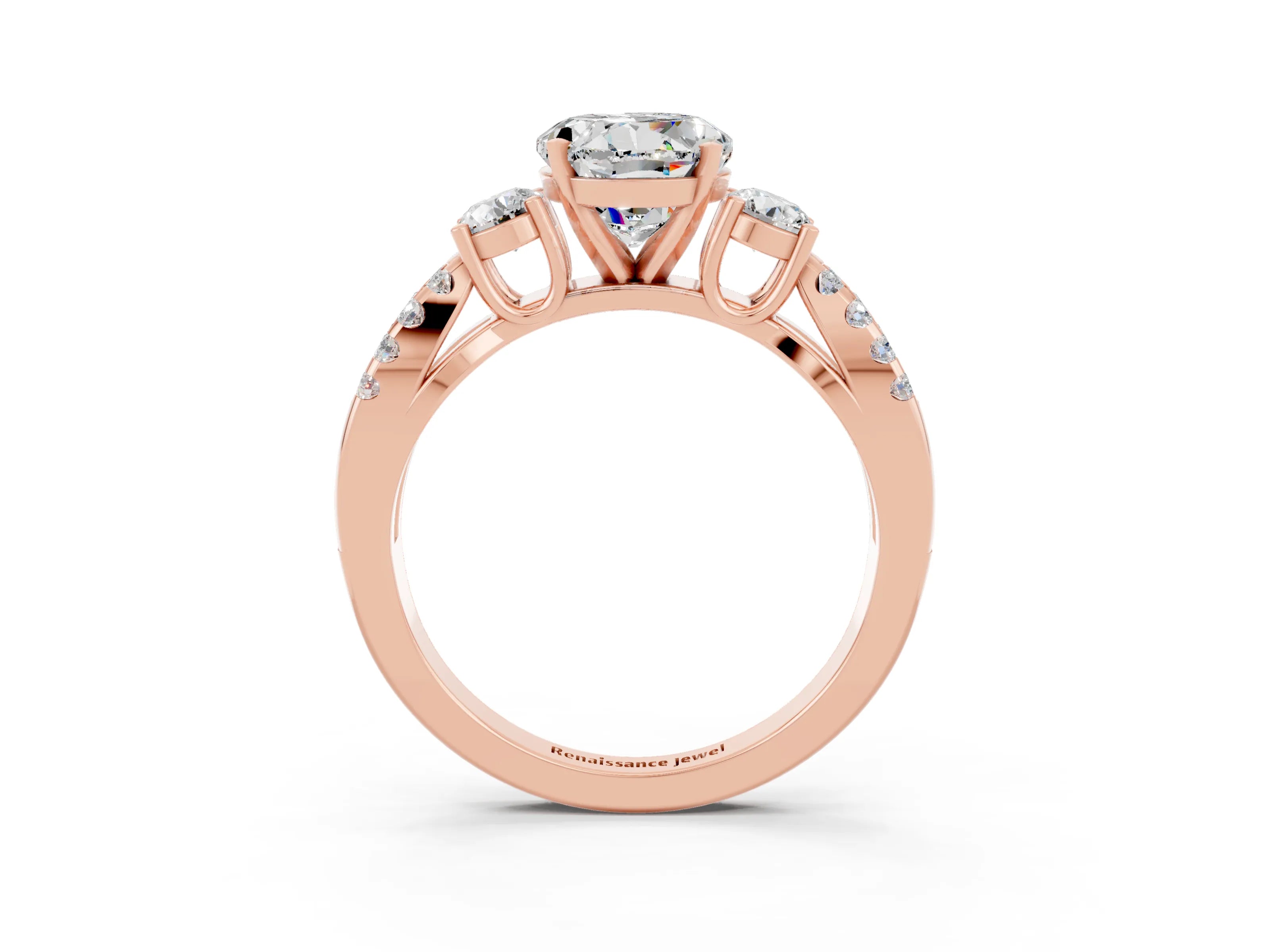 Rose gold Round Cut Moissanite Three-Stone Ring with Pavé Split Shank and Four-Prong Setting_3