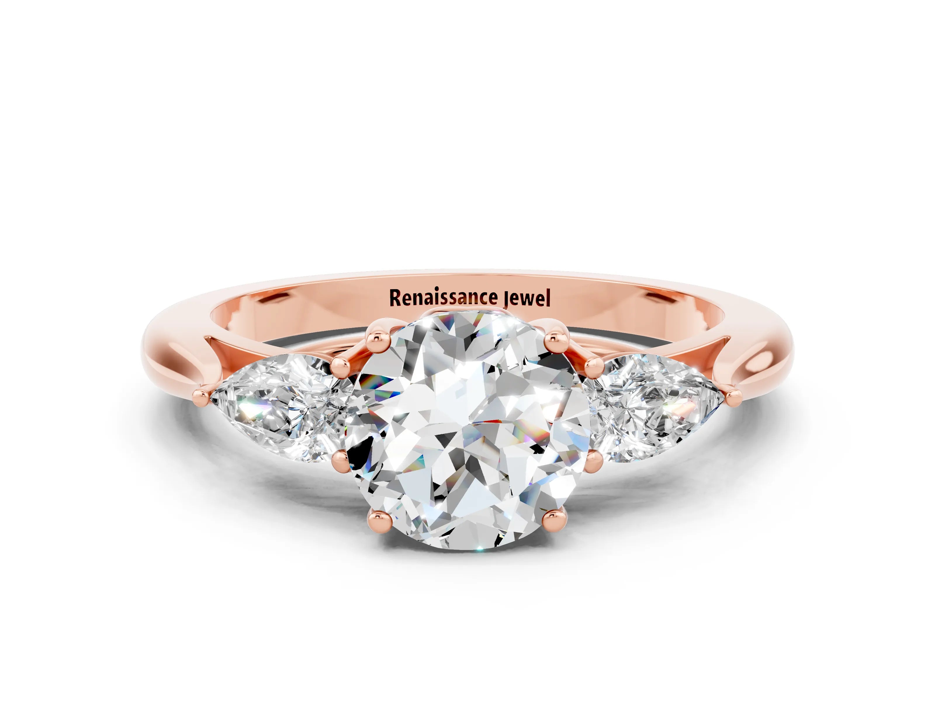 Rose gold Round Cut Moissanite Three-Stone Ring with Pear Side Stones and Four-Prong Setting_12