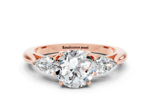 Rose gold Round Cut Moissanite Three-Stone Ring with Pear Side Stones and Four-Prong Setting_12