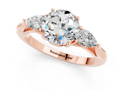 Rose gold Round Cut Moissanite Three-Stone Ring with Pear Side Stones and Four-Prong Setting_13