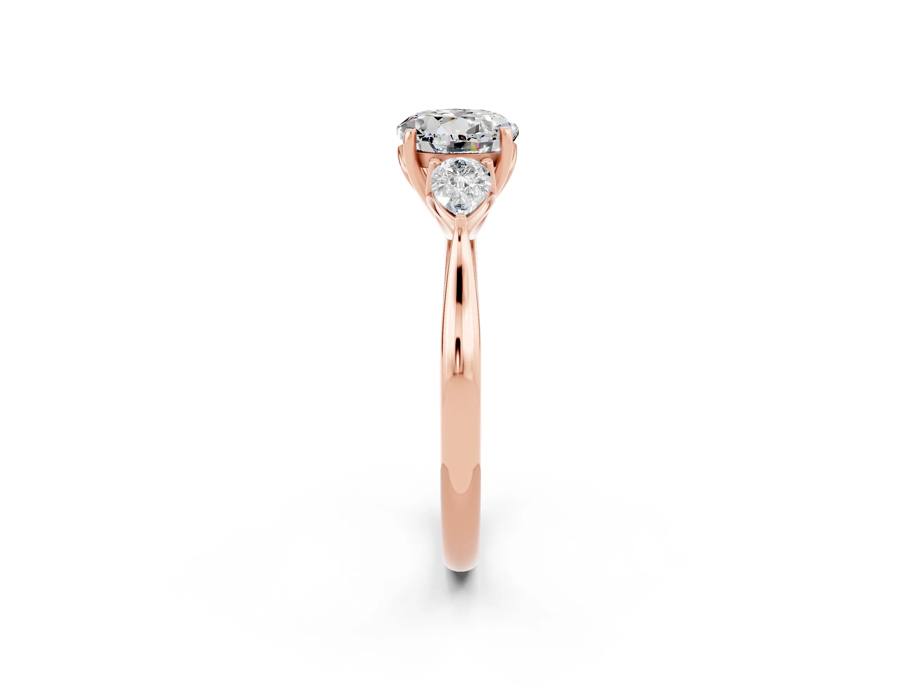 Rose gold Round Cut Moissanite Three-Stone Ring with Pear Side Stones and Four-Prong Setting_14
