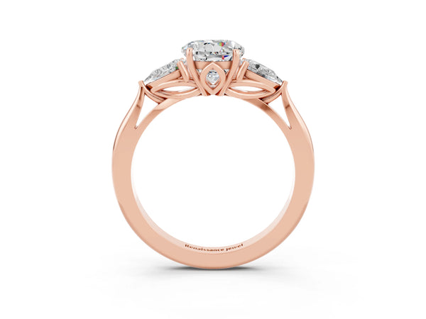 Rose gold Round Cut Moissanite Three-Stone Ring with Pear  Side Stones and Prong Setting