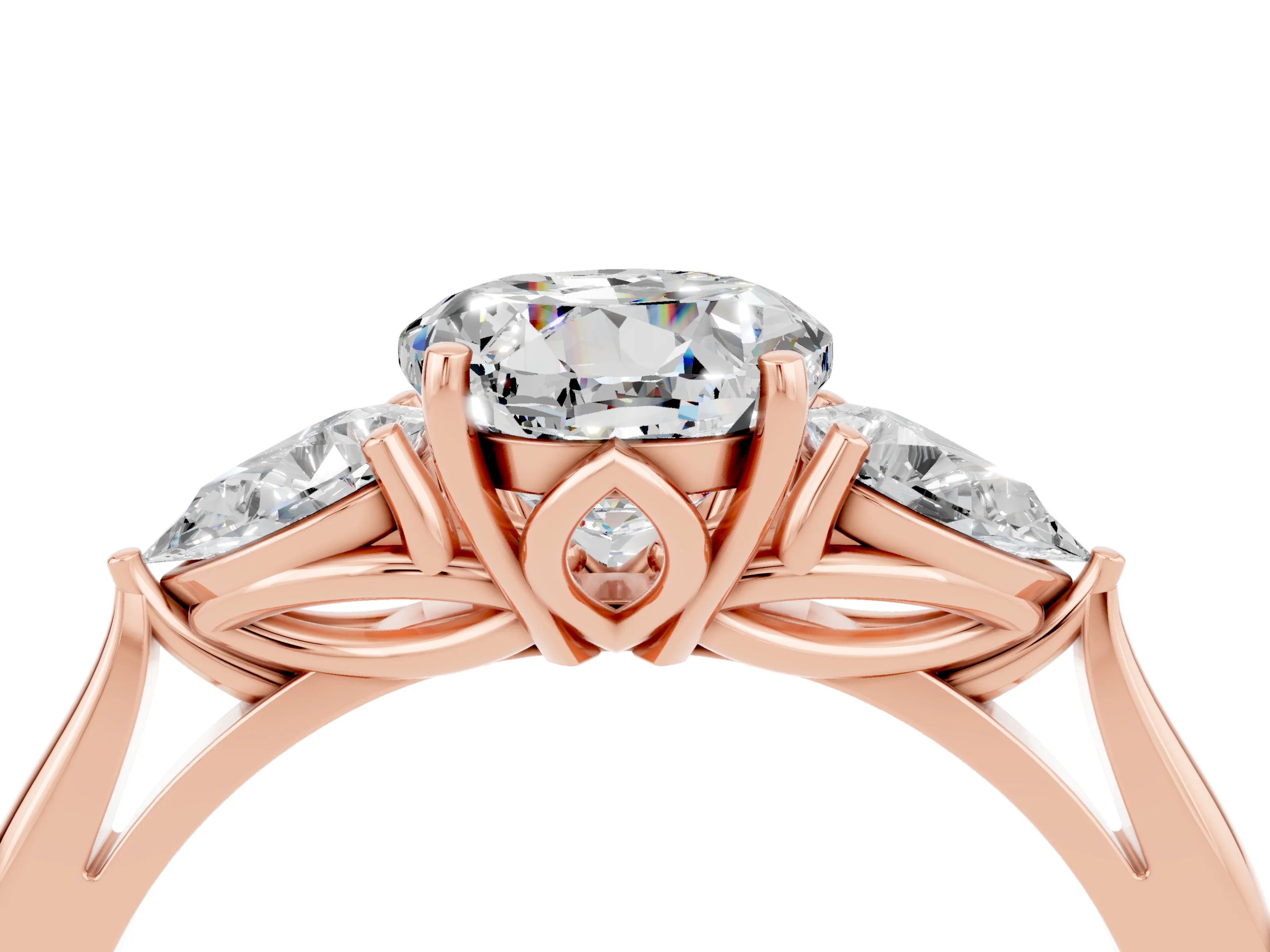 Rose gold Round Cut Moissanite Three-Stone Ring with Pear Side Stones and Four-Prong Setting_16