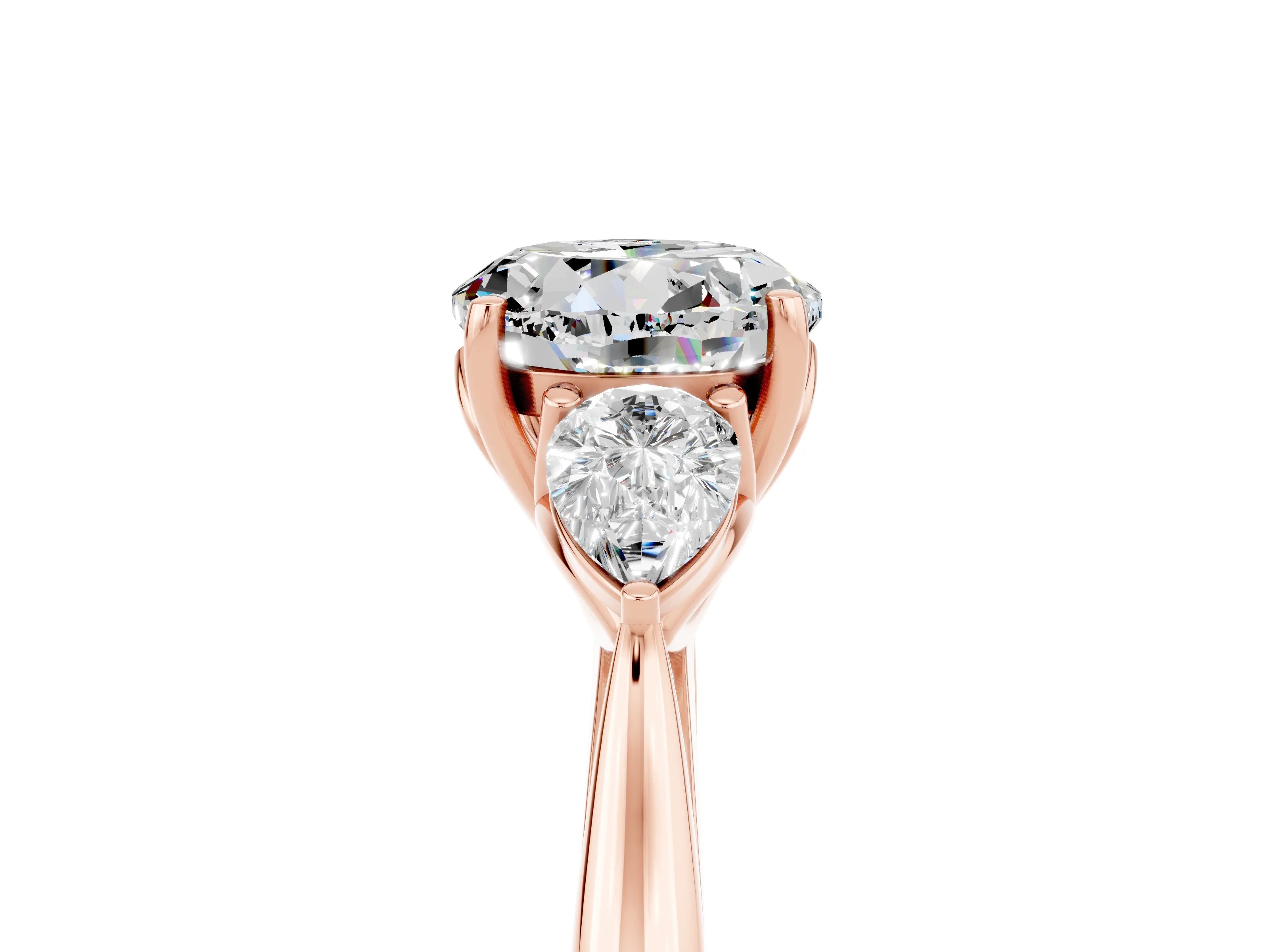 Rose gold Round Cut Moissanite Three-Stone Ring with Pear Side Stones and Four-Prong Setting_17