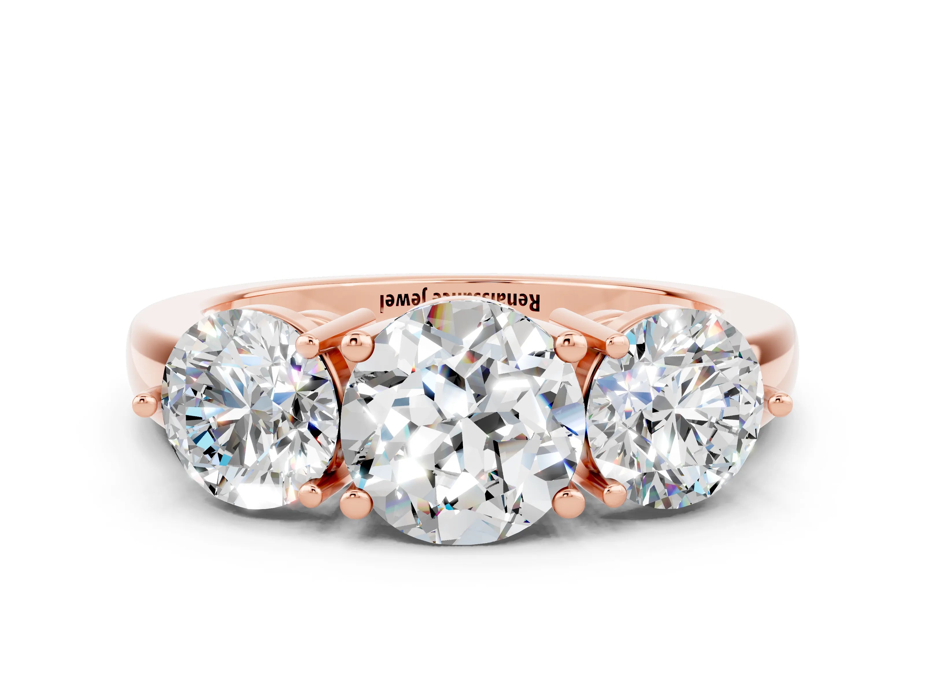 Rose gold Round Cut Moissanite Three-Stone Ring with Prong Setting and Classic Band