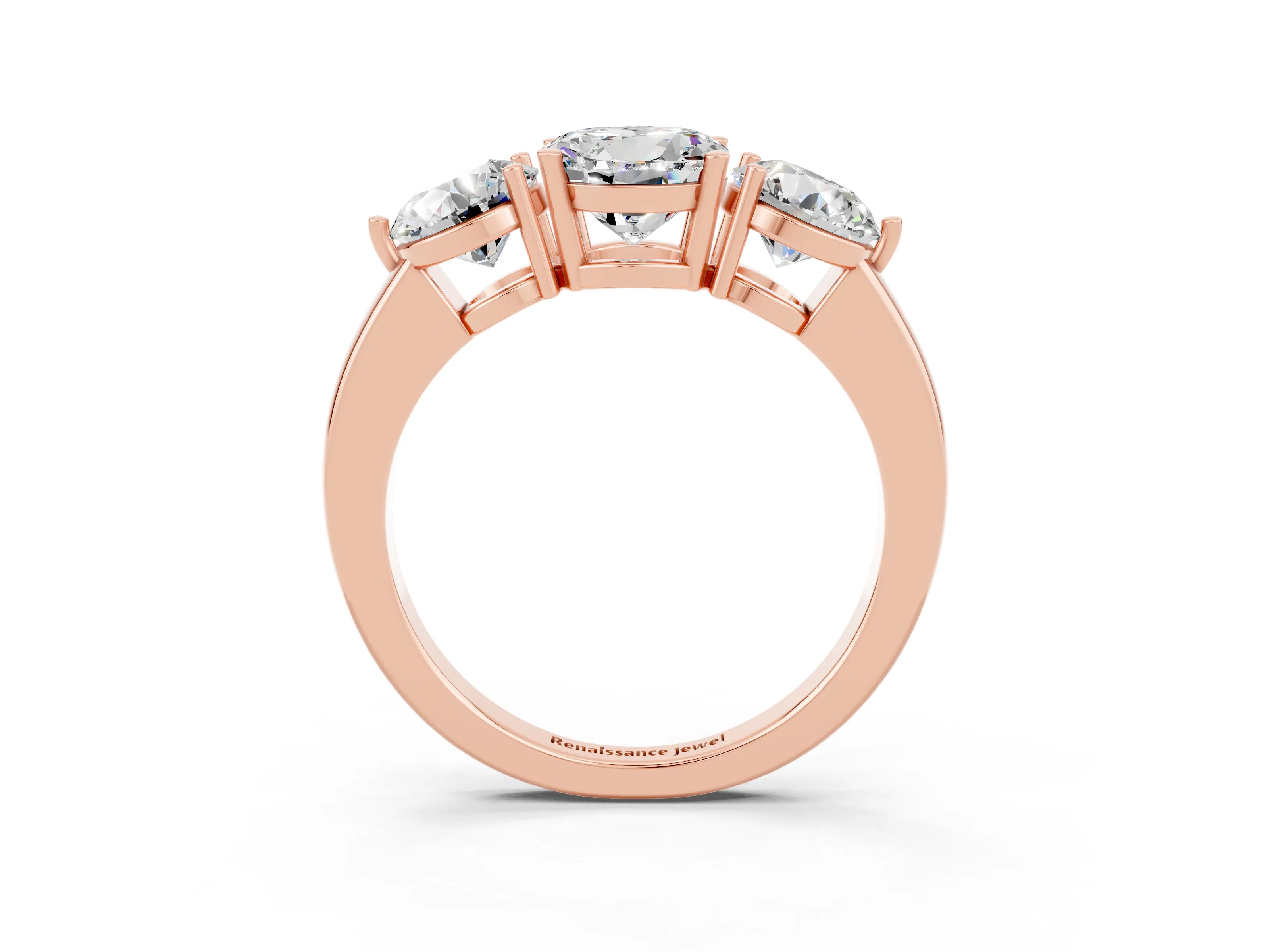 Rose gold Round Cut Moissanite Three-Stone Ring with Prong Setting and Classic Band_3