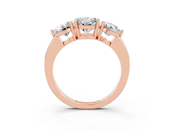 Rose gold Round Cut Moissanite Three-Stone Ring with Prong Setting and Classic Band