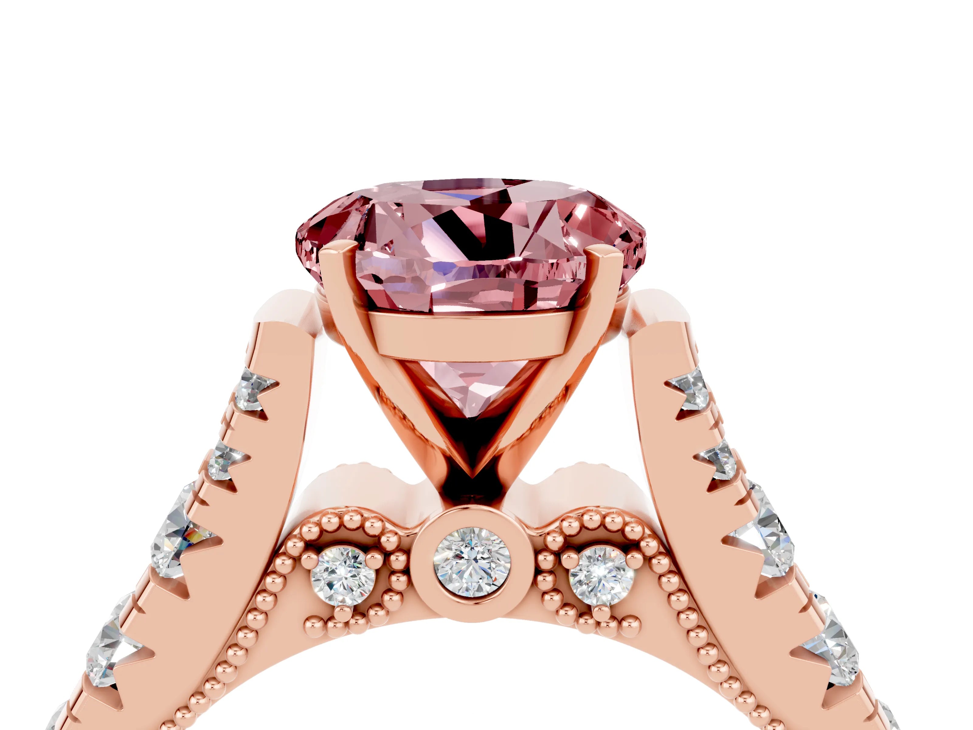 Rose gold Round Cut Morganite Classic Solitaire Ring with Pavé Band and Four-Prong Setting_4