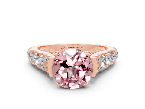 Rose gold Round Cut Morganite Classic Solitaire Ring with Pavé Band and Four-Prong Setting