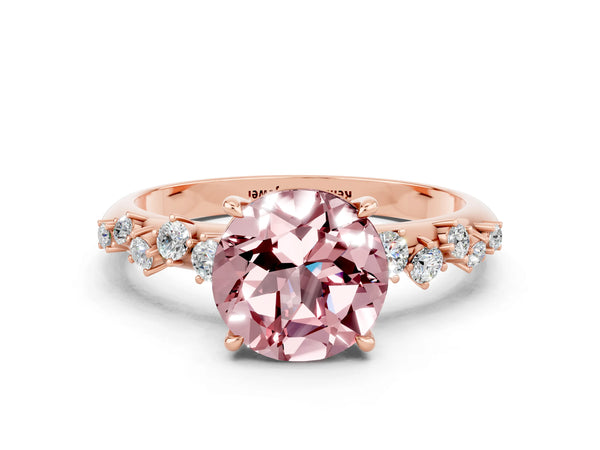 Rose gold Round Cut Morganite Cluster Side Stone Solitaire Ring with Prong Setting