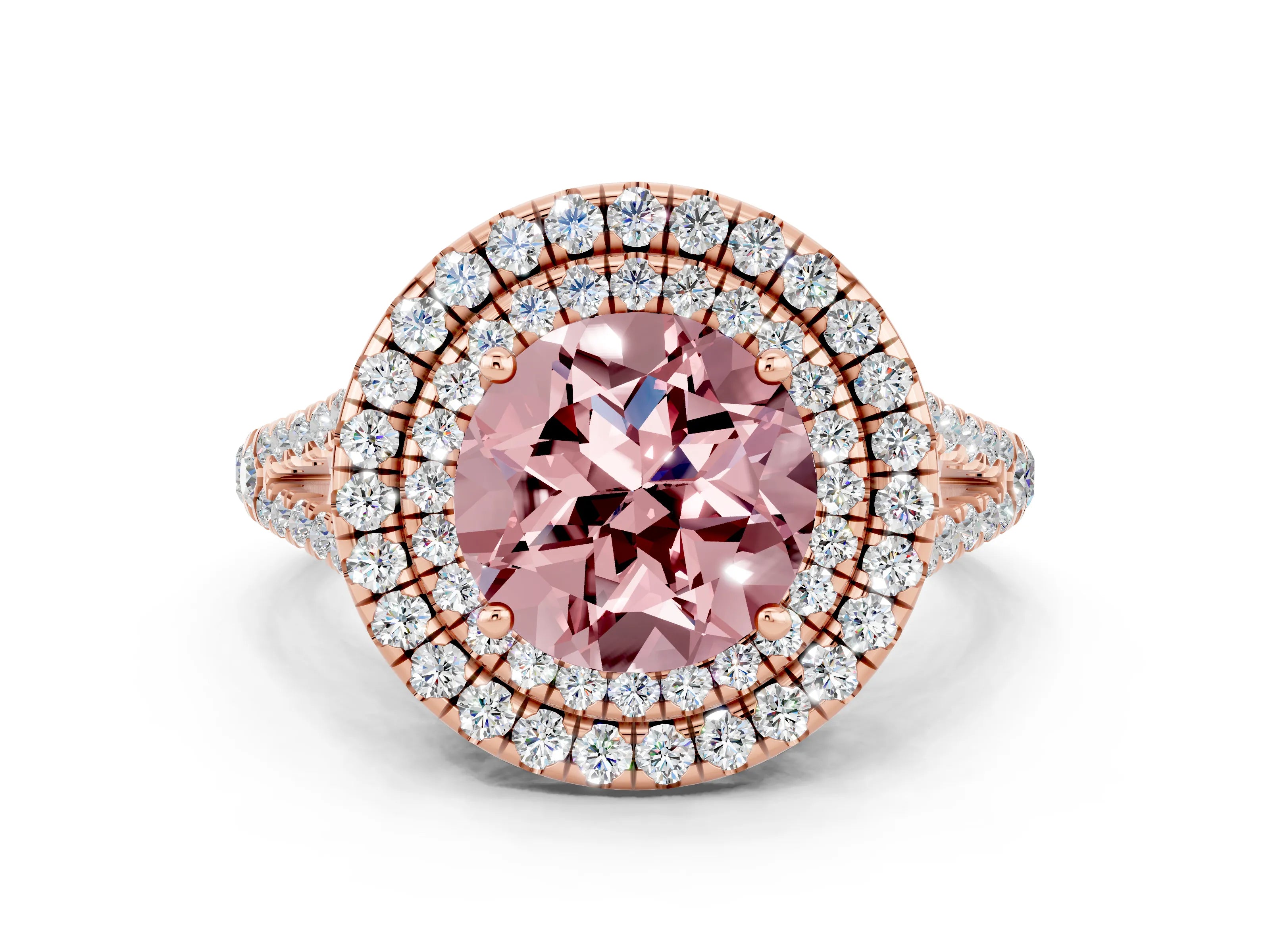 Rose gold Round Cut Morganite Double Halo Ring with Pavé Band and Prong Setting_12