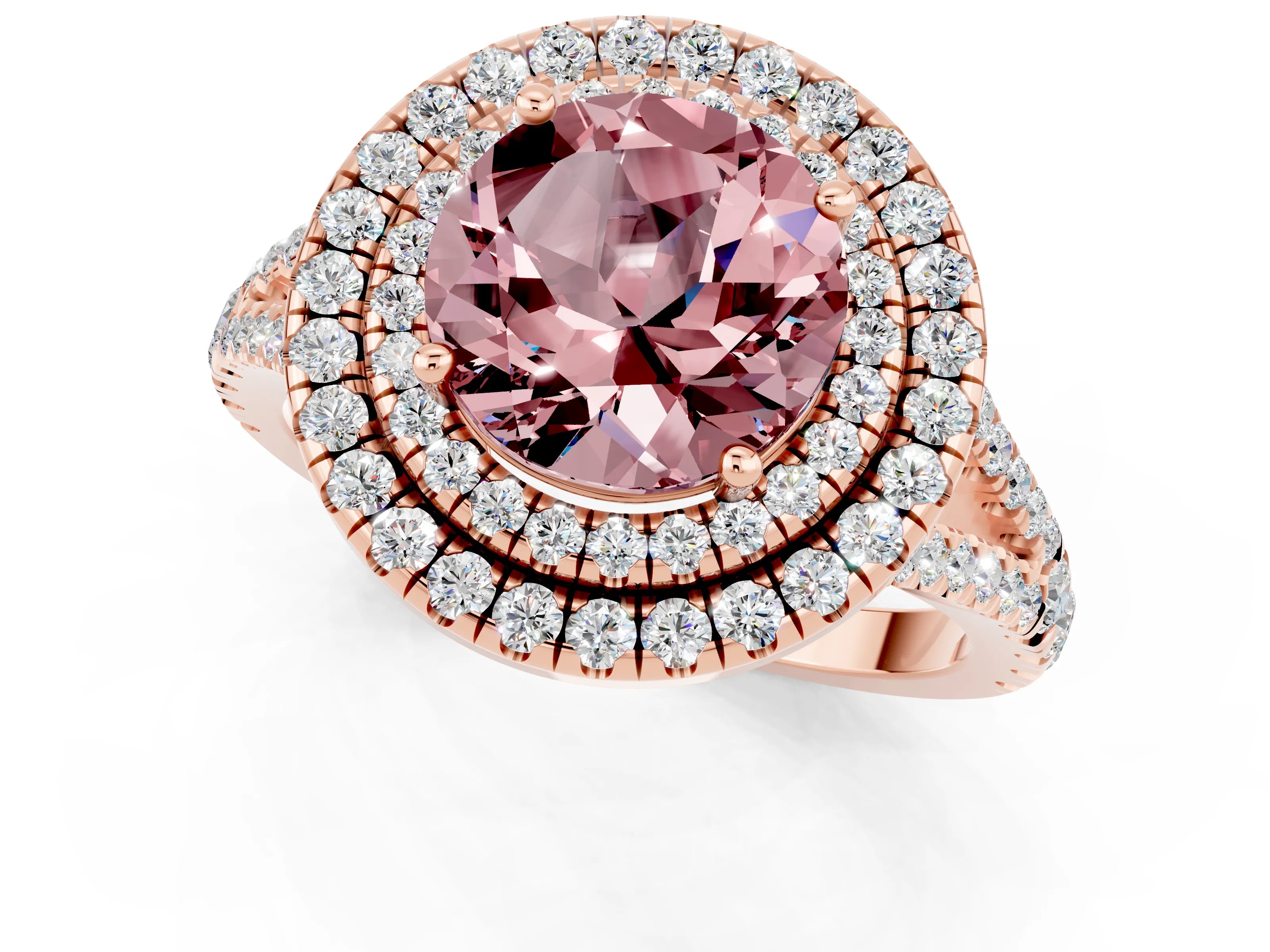 Rose gold Round Cut Morganite Double Halo Ring with Pavé Band and Prong Setting_13