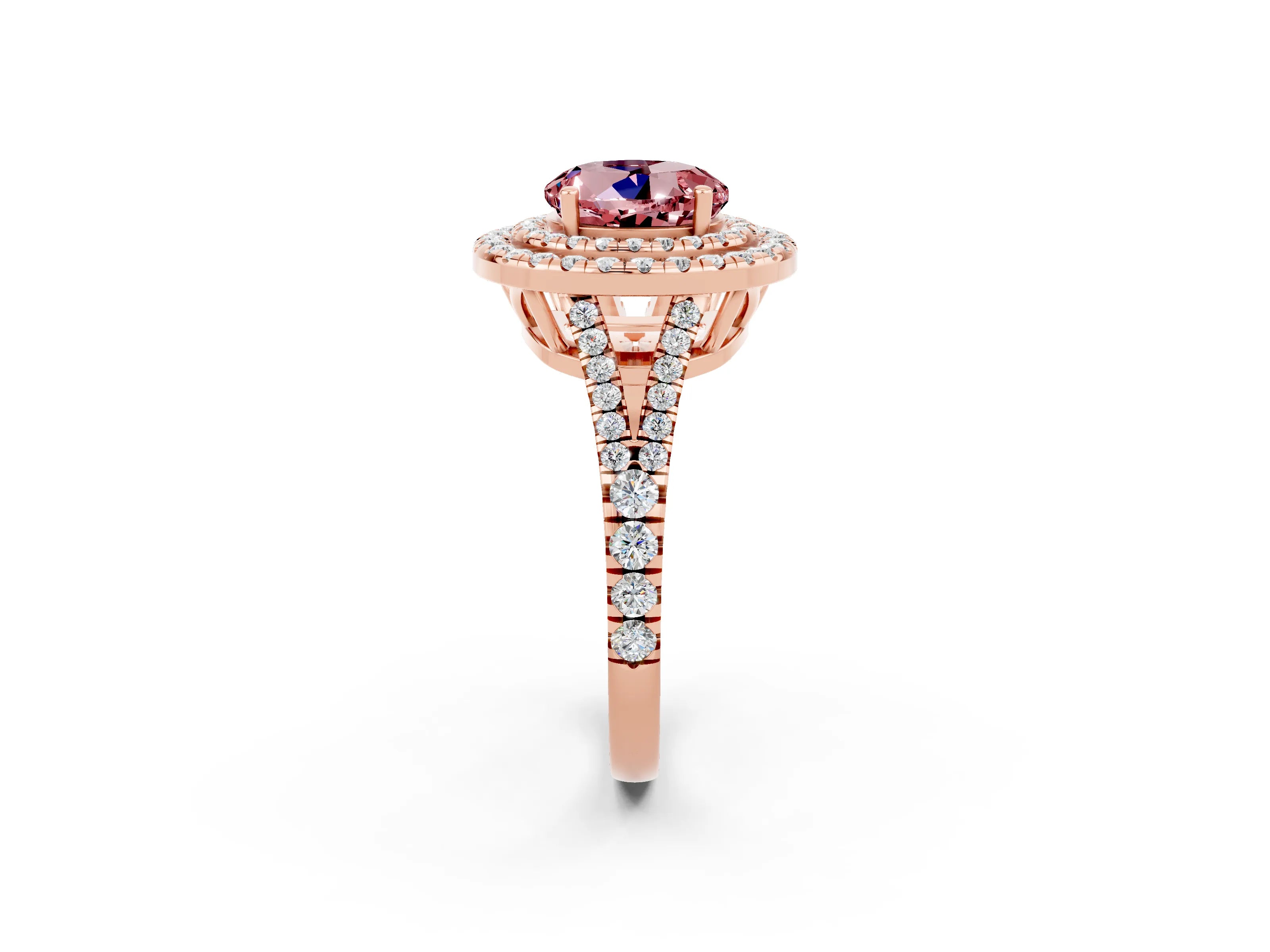 Rose gold Round Cut Morganite Double Halo Ring with Pavé Band and Prong Setting_14