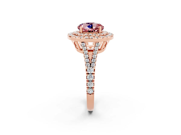 Rose gold Round Cut Morganite Double Halo Ring with Pavé Band and Prong Setting