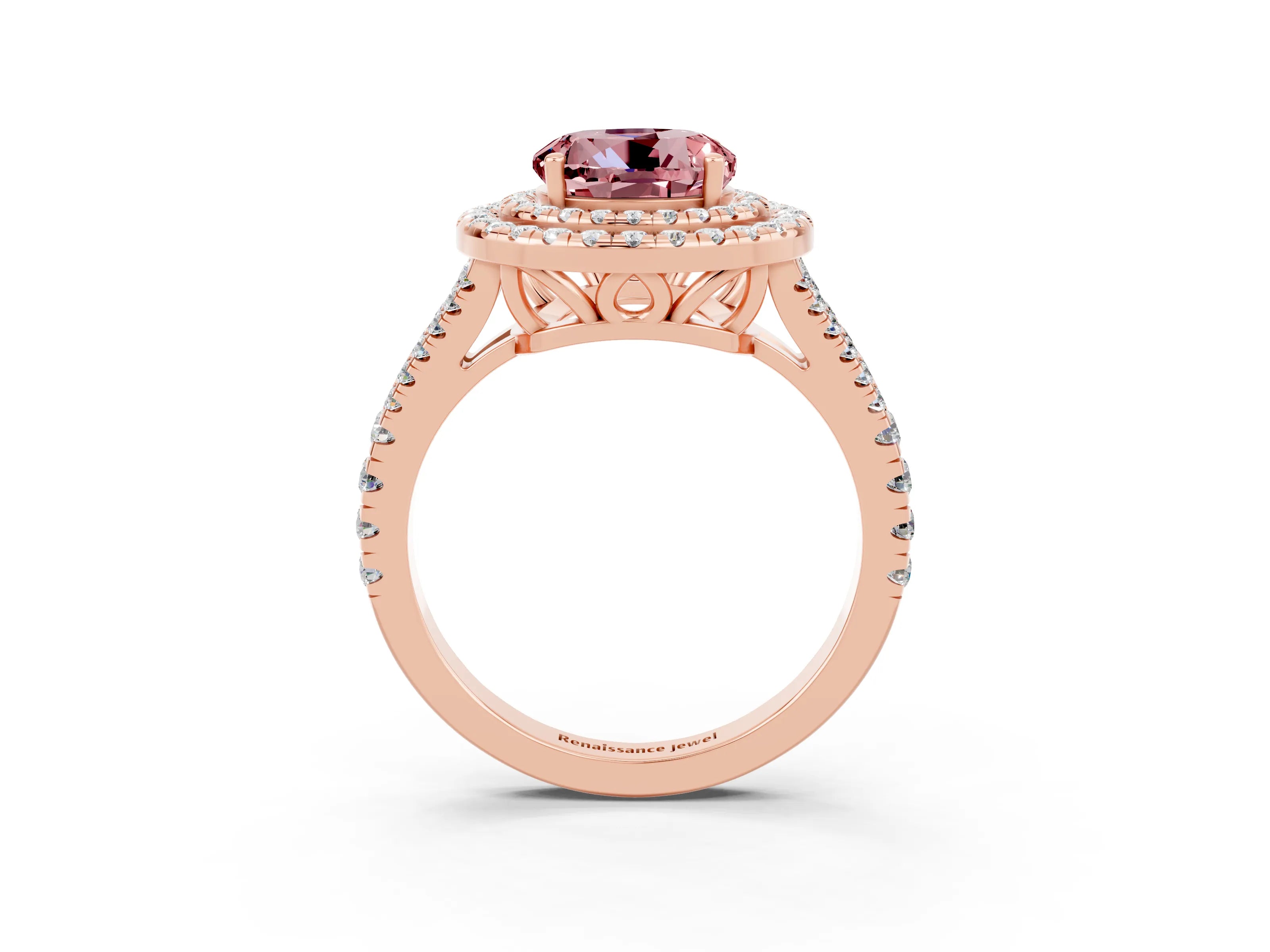Rose gold Round Cut Morganite Double Halo Ring with Pavé Band and Prong Setting_15