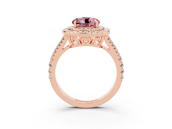 Rose gold Round Cut Morganite Double Halo Ring with Pavé Band and Prong Setting