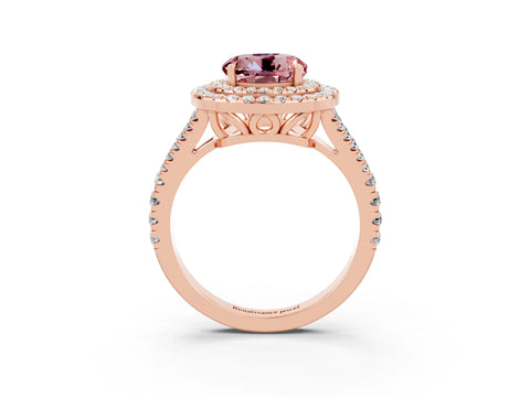 Rose gold Round Cut Morganite Double Halo Ring with Pavé Band and Prong Setting_15