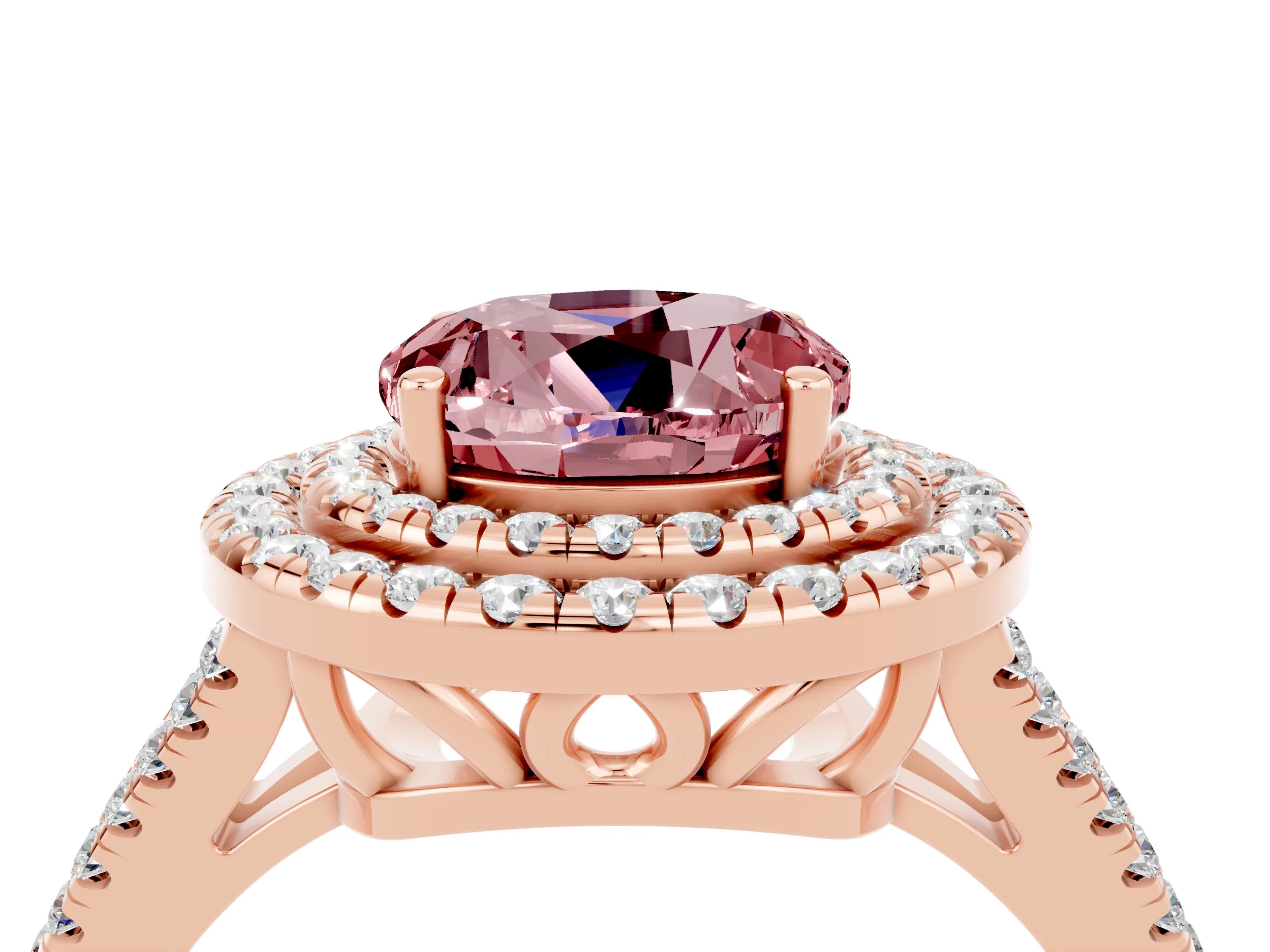 Rose gold Round Cut Morganite Double Halo Ring with Pavé Band and Prong Setting_16