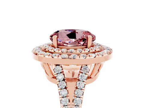 Rose gold Round Cut Morganite Double Halo Ring with Pavé Band and Prong Setting_17
